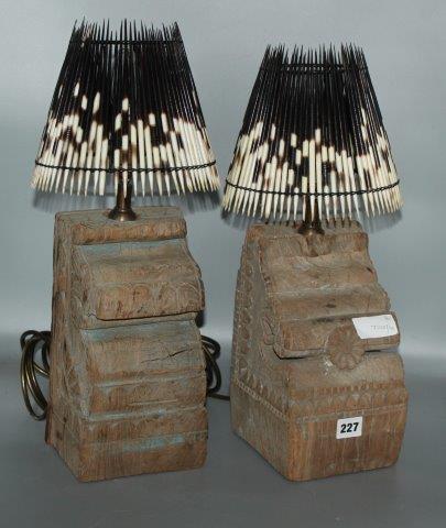 Carved lamps with quill shades